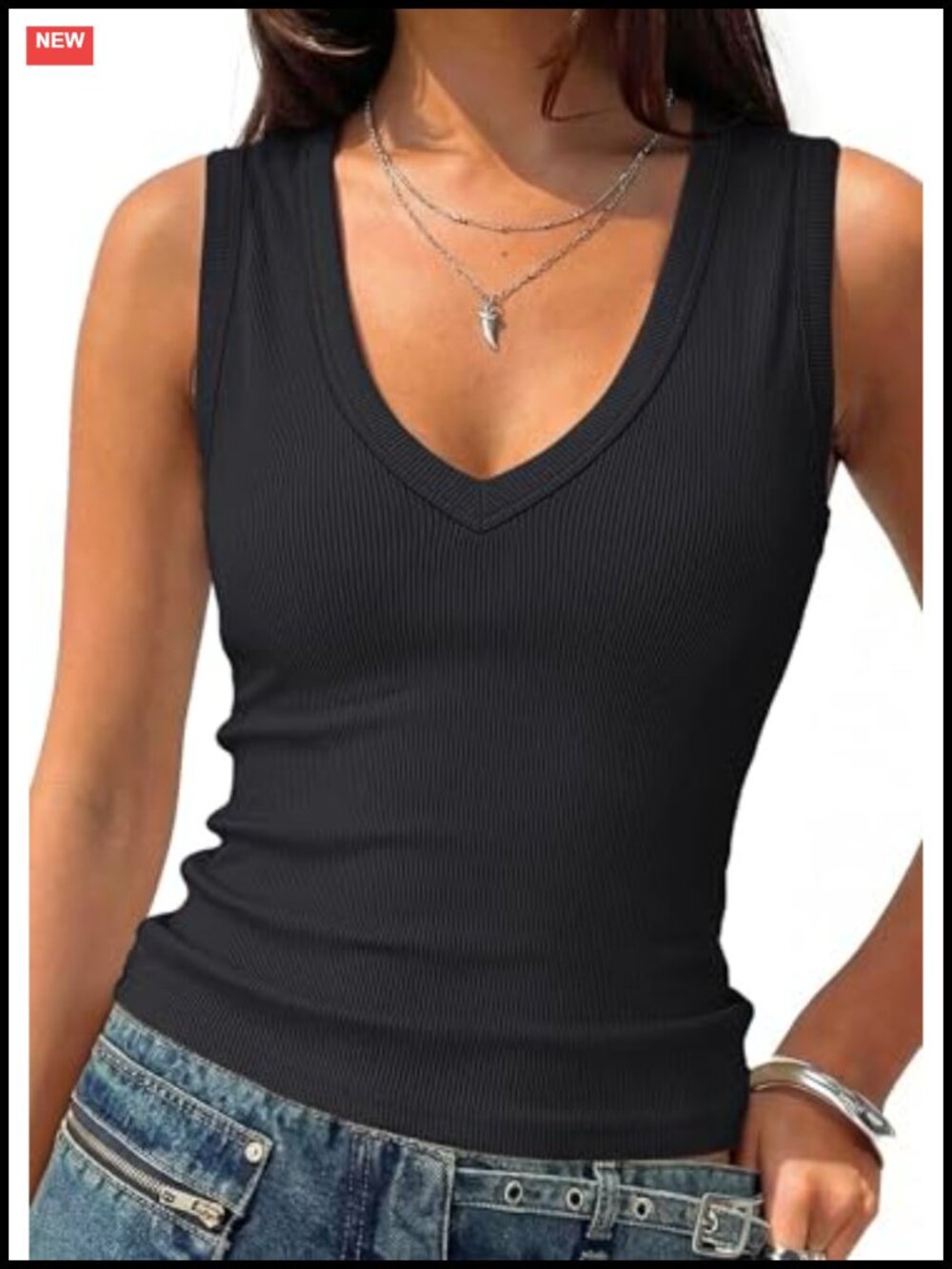 Ribbed Knit Deep V-Neck Tank Tops for Women Sleeveless